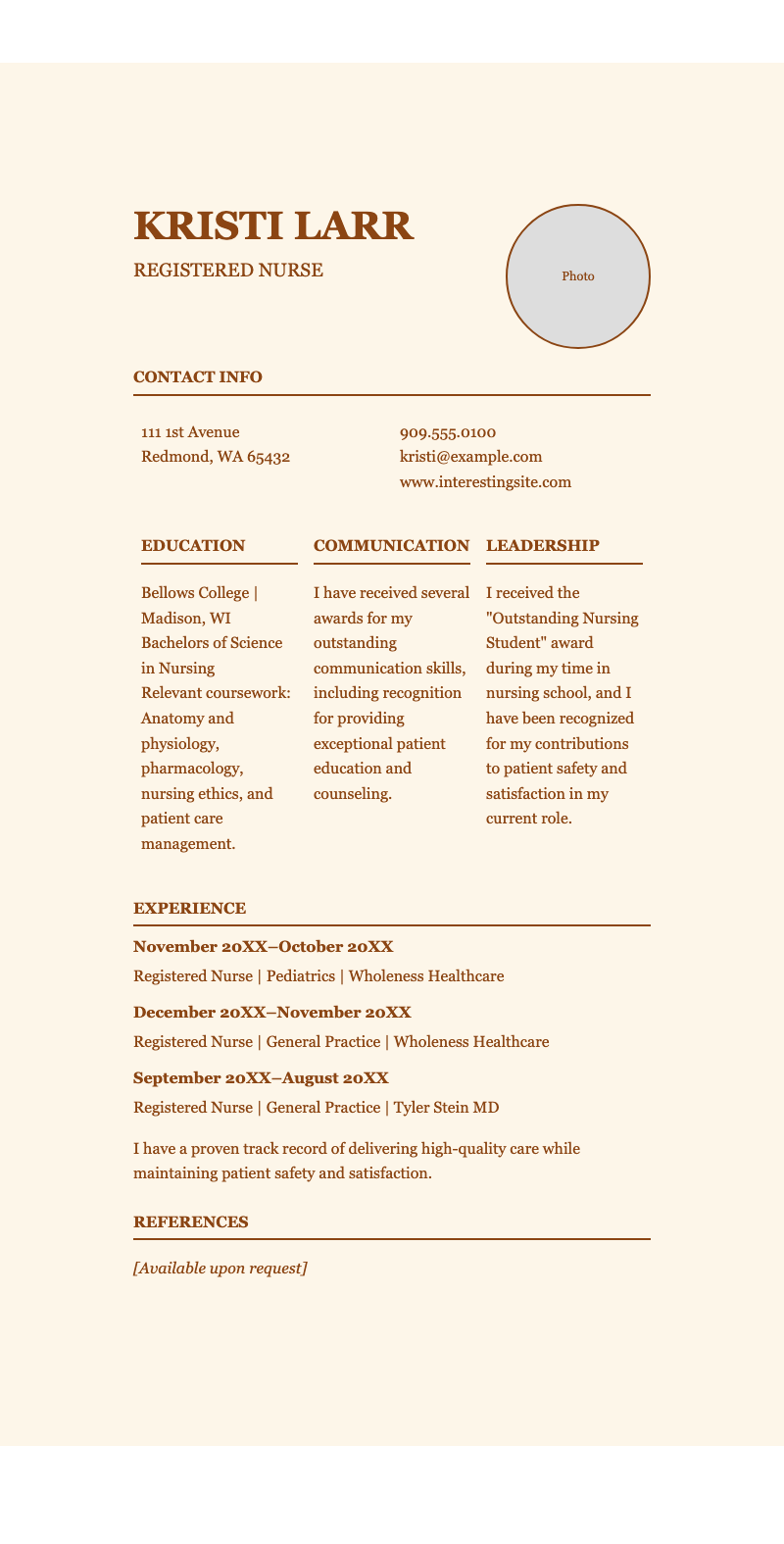 Bold nursing resume - Elegant nursing resume with photo, experience timeline, education and skills sections for healthcare professionals.